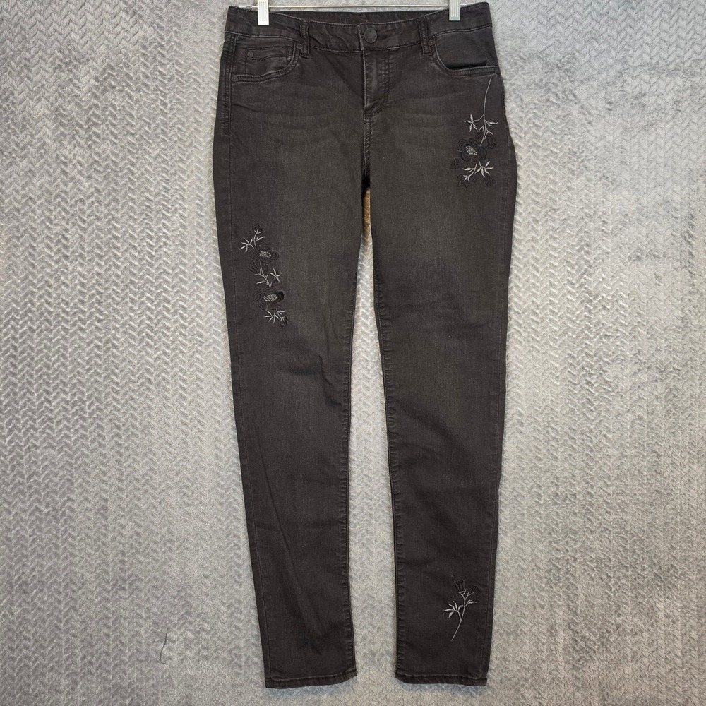Kut from the Kloth Diana Skinny Jeans Grey Floral Embroidered Size 8 Womens
